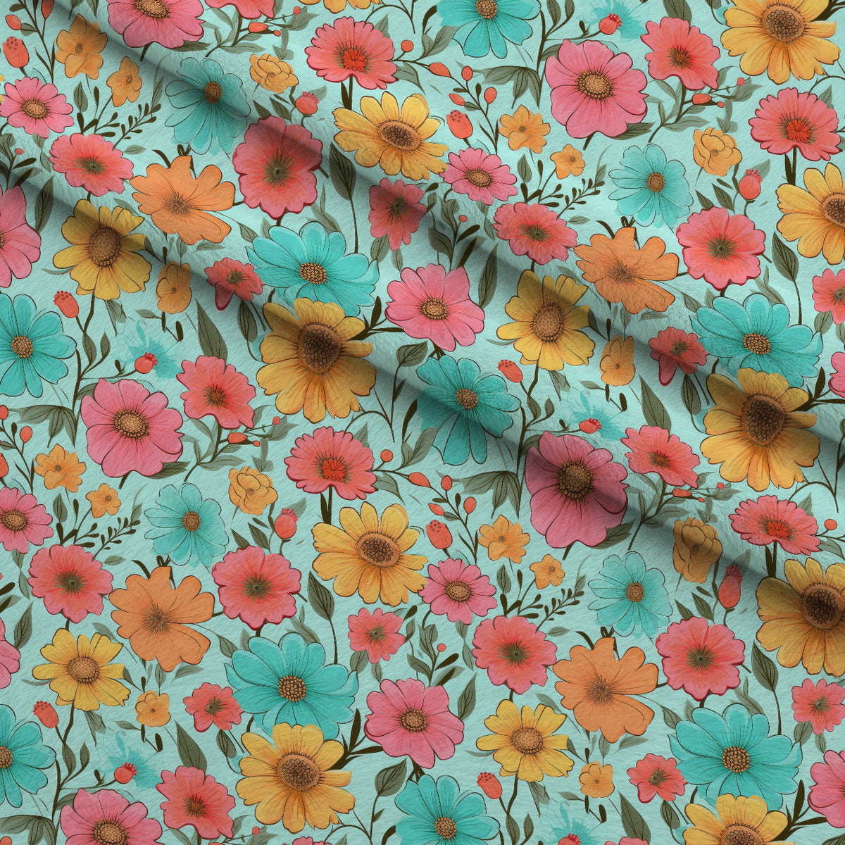 Bright Summer Blooming Flowers 2 Fleece Fabric — fleece fabric folded close-up preview (mv-fleece-v1:lying)