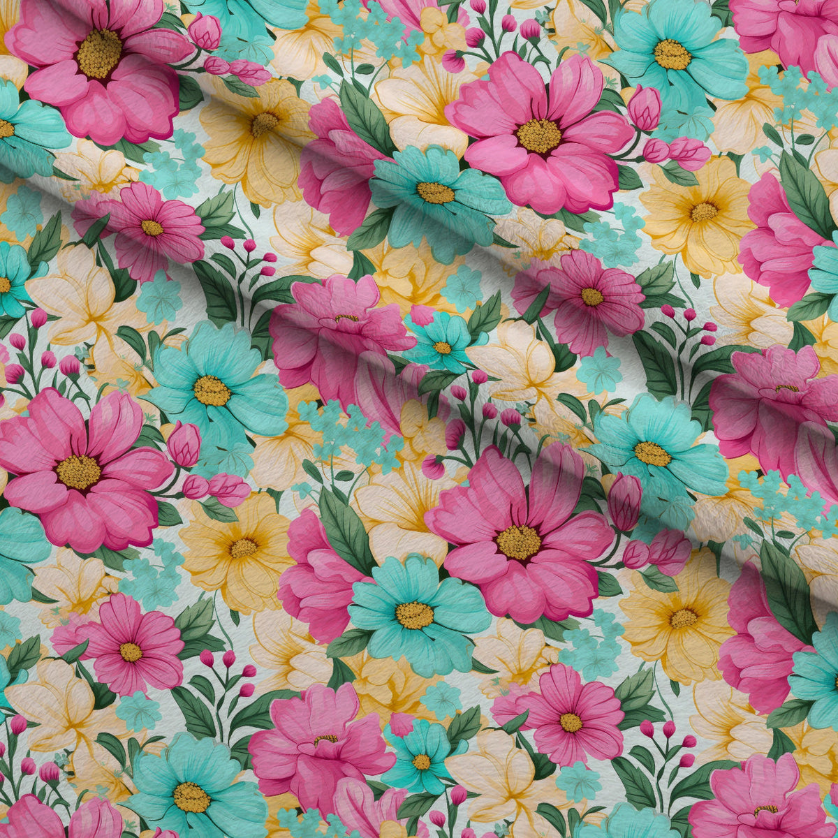 Bright Summer Blooming Flowers 5 Fleece Fabric — fleece fabric folded close-up preview (mv-fleece-v1:lying)