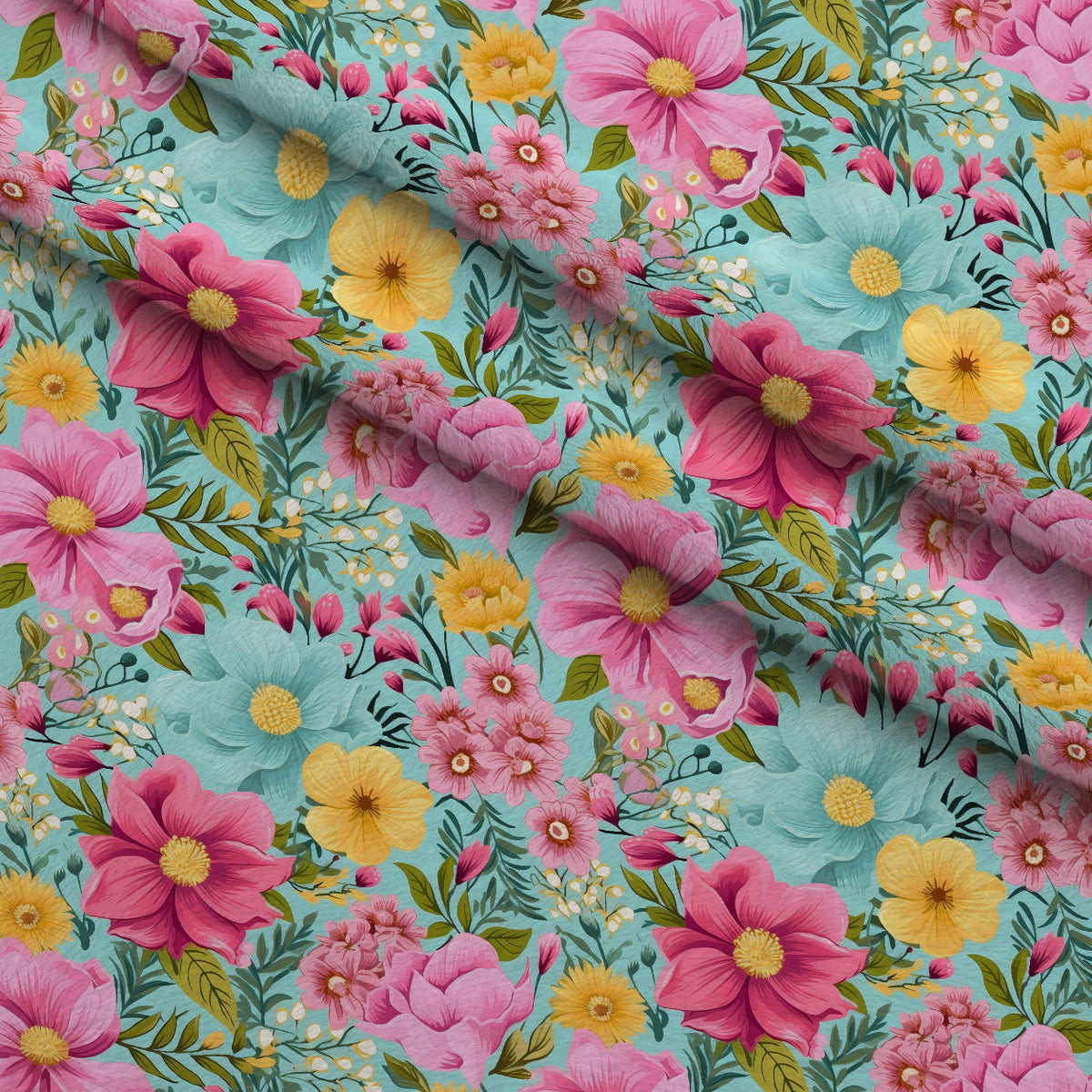 Bright Summer Blooming Flowers 6 Fleece Fabric — fleece fabric folded close-up preview (mv-fleece-v1:lying)