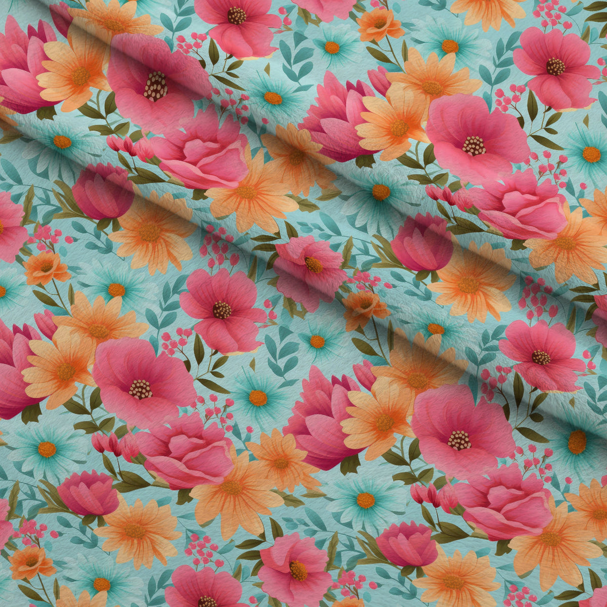 Bright Summer Blooming Flowers 8 Fleece Fabric — fleece fabric folded close-up preview (mv-fleece-v1:lying)