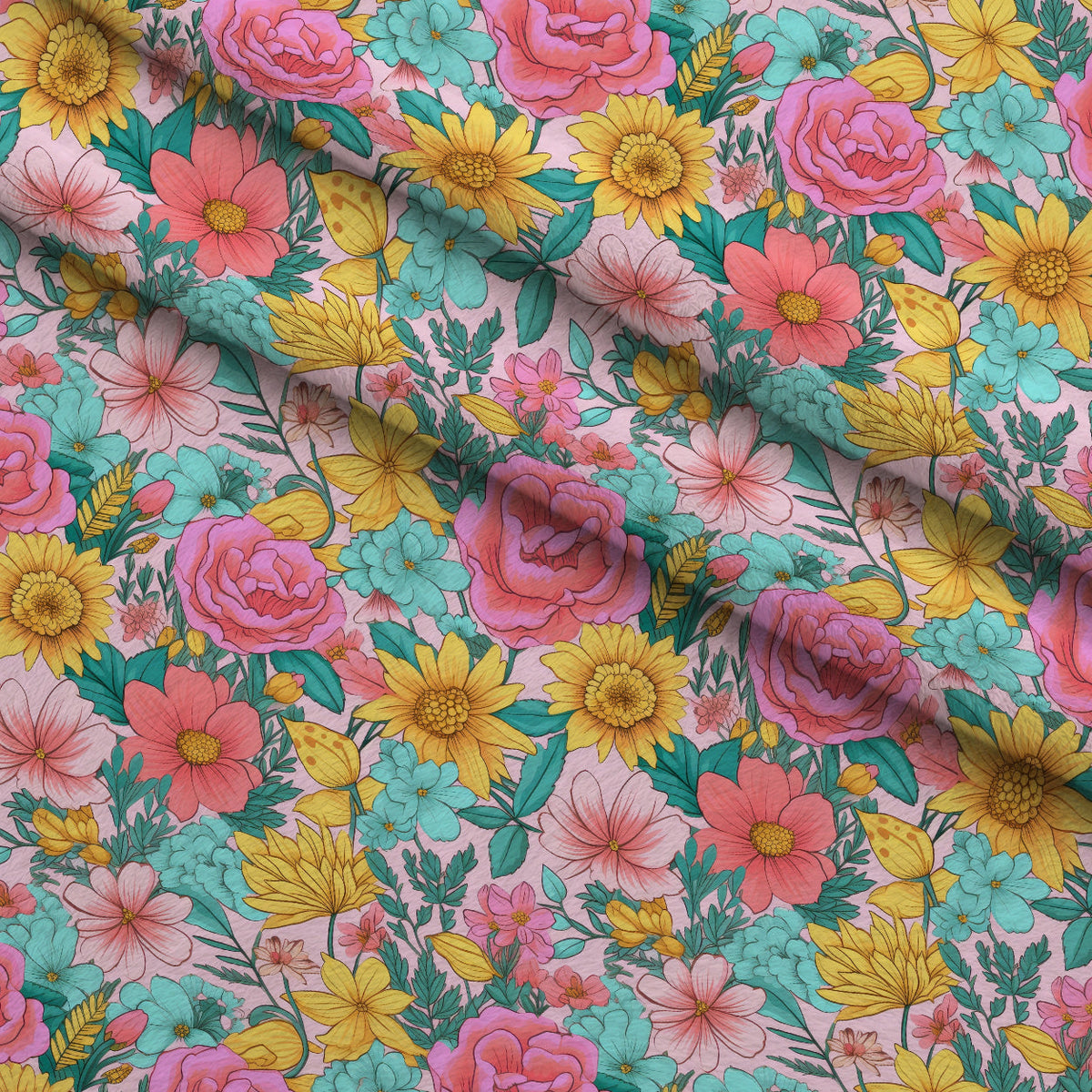 Bright Summer Blooming Flowers 9 Fleece Fabric — fleece fabric folded close-up preview (mv-fleece-v1:lying)