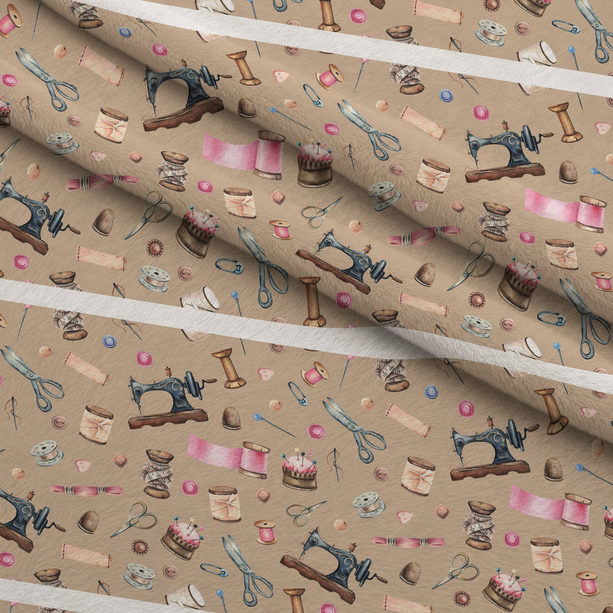 Brown Old Sewing Elements Fleece Fabric — fleece fabric folded close-up preview (mv-fleece-v1:lying)