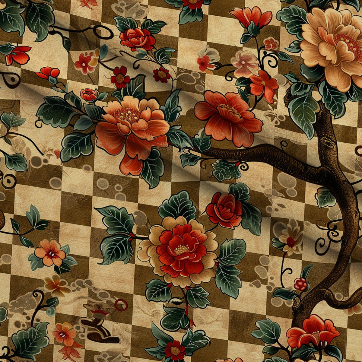 Checkered Blooms Pattern 5 Fleece Fabric — fleece fabric folded close-up preview (mv-fleece-v1:lying)