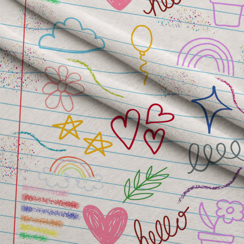Classroom Doodles Pattern 6 Fleece Fabric — fleece fabric folded close-up preview (mv-fleece-v1:lying)