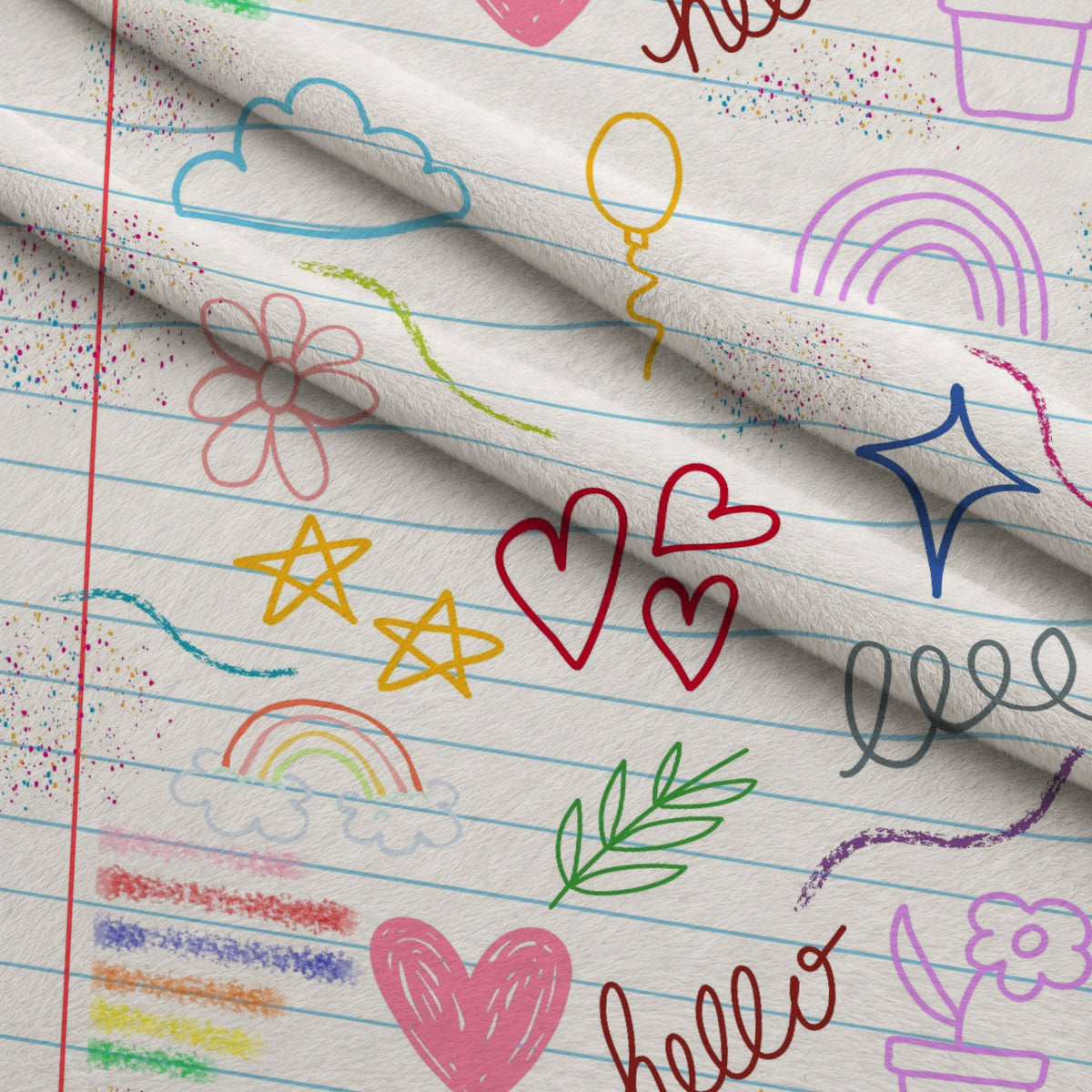 Classroom Doodles Pattern 6 Fleece Fabric — fleece fabric folded close-up preview (mv-fleece-v1:lying)