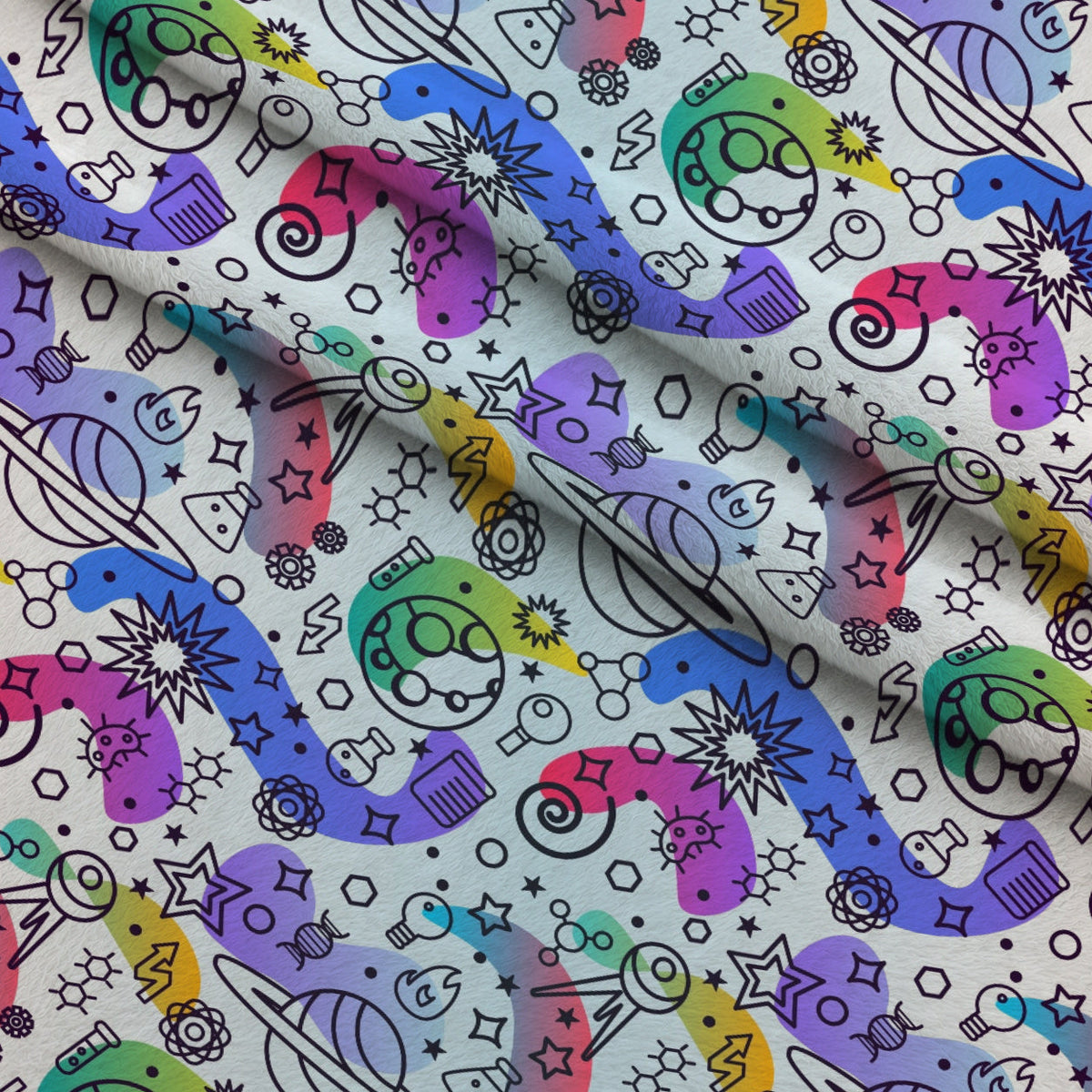 Cosmic Lab Doodles Pattern 3 Fleece Fabric — fleece fabric folded close-up preview (mv-fleece-v1:lying)