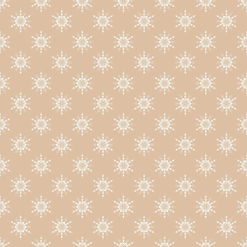 beige background, white snowflakes, winter motifs, geometric snowflakes, repeating pattern,, fabric panel, christmas fabric, holiday theme, neutral tones, symmetrical design, festive pattern, winter wonderland, crafting material, seasonal fabric, star-shaped snowflakes, cream colored, delicate design, country style
