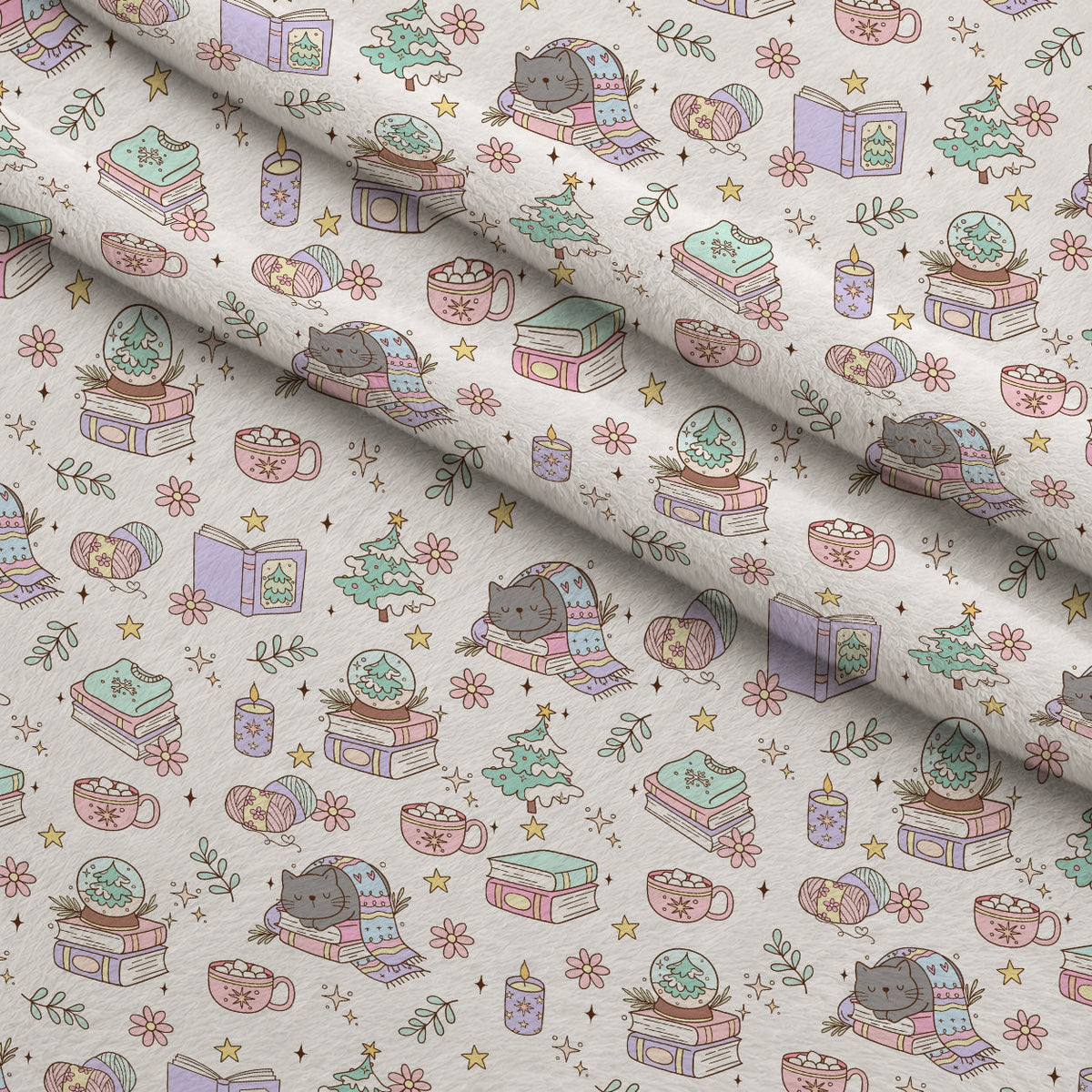 Cozy Cats Pattern Fleece Fabric — fleece fabric folded close-up preview (mv-fleece-v1:lying)