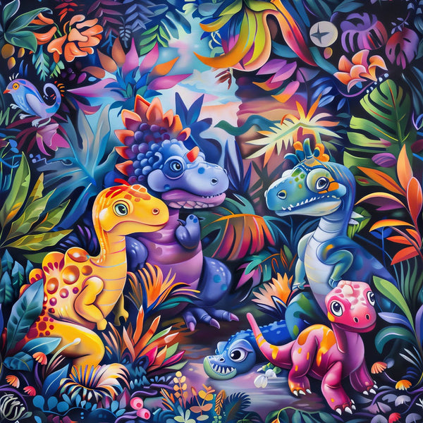 Dinosaurs in the Jungle fleece fabric with colorful orange, blue, purple, green, pink and yellow dinosaurs among lush tropical plants