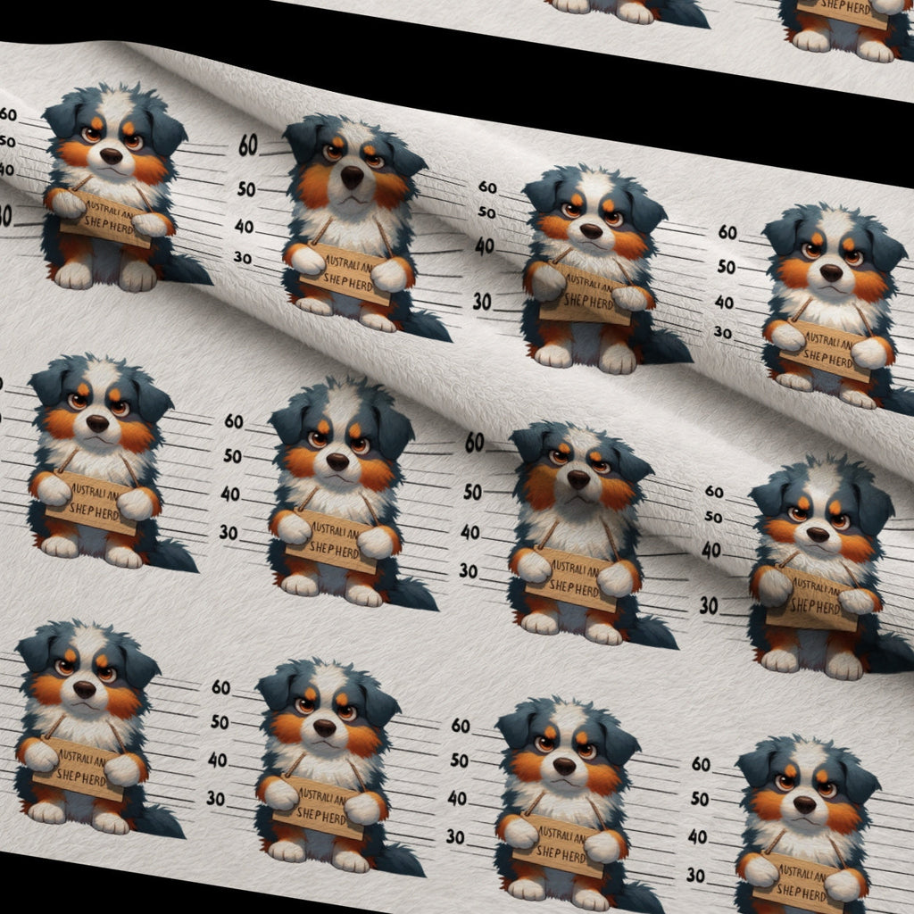 Doggie Mugshots Australian Shepherd Pattern Fleece Fabric — fleece fabric folded close-up preview (mv-fleece-v1:lying)
