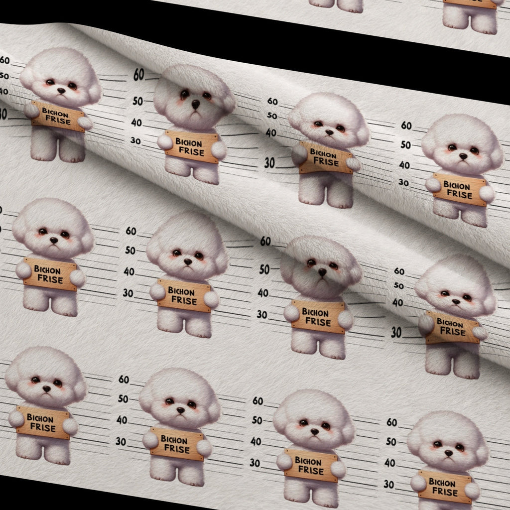 Doggie Mugshots Bichon Frise Pattern Fleece Fabric — fleece fabric folded close-up preview (mv-fleece-v1:lying)