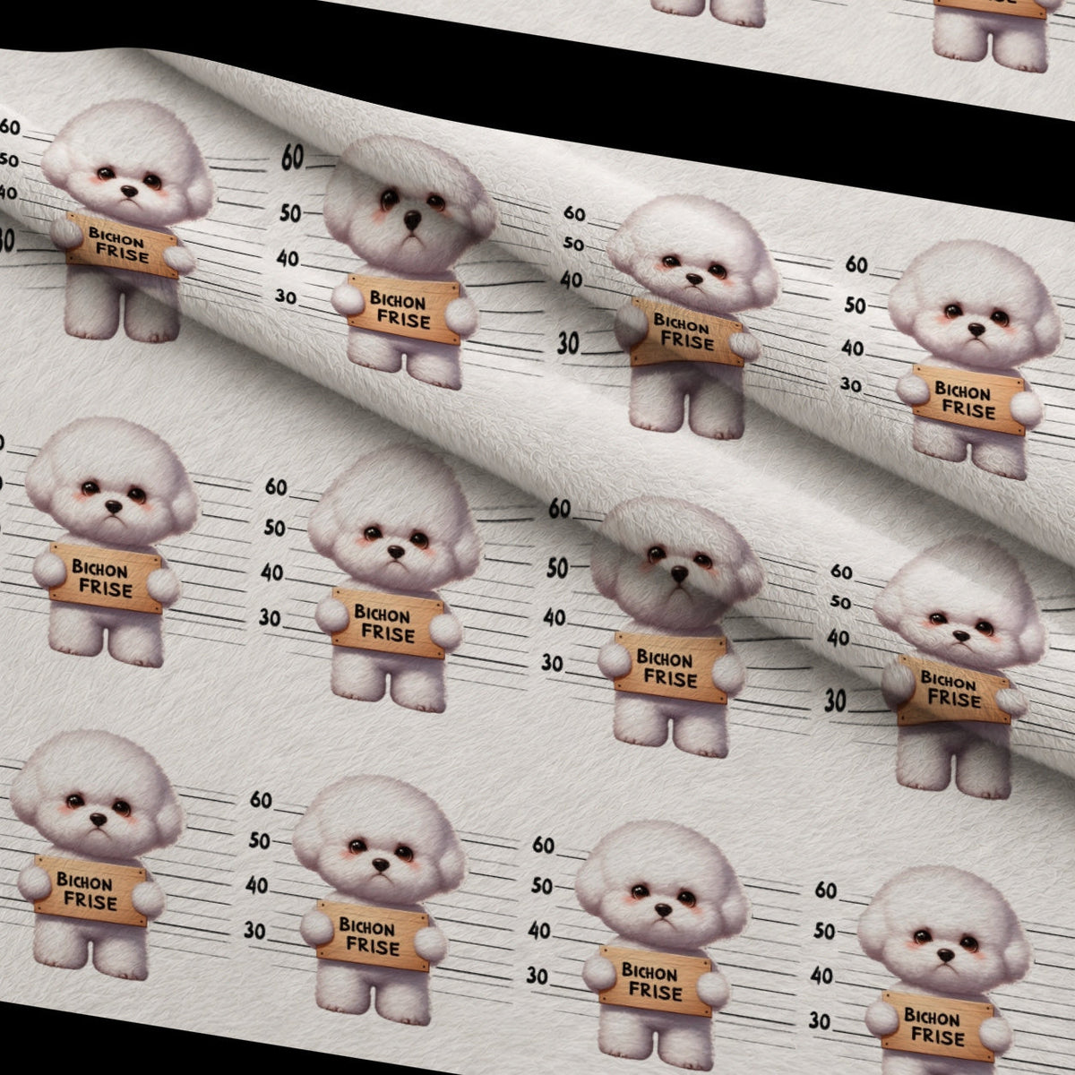 Doggie Mugshots Bichon Frise Pattern Fleece Fabric — fleece fabric folded close-up preview (mv-fleece-v1:lying)