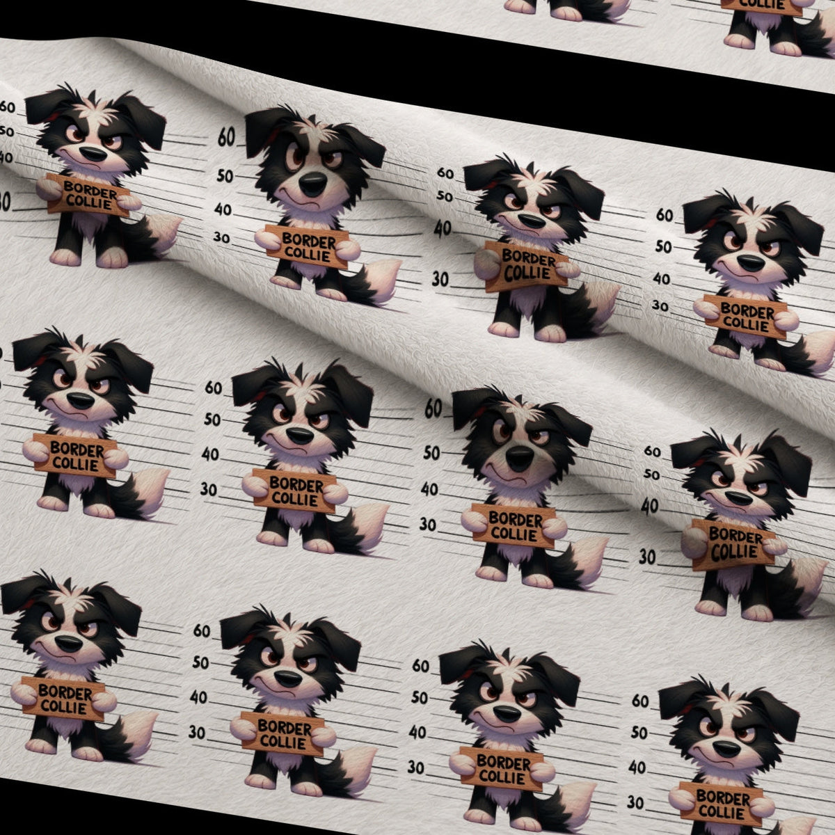 Doggie Mugshots Border Collie Pattern Fleece Fabric — fleece fabric folded close-up preview (mv-fleece-v1:lying)