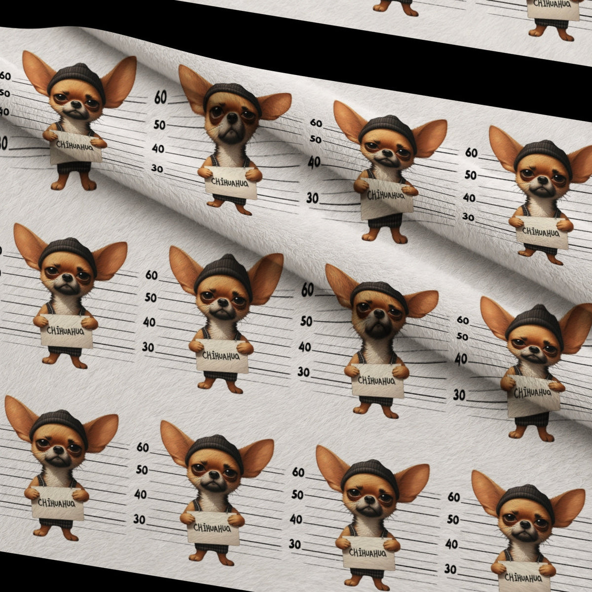 Doggie Mugshots Chihuahua Pattern Fleece Fabric — fleece fabric folded close-up preview (mv-fleece-v1:lying)