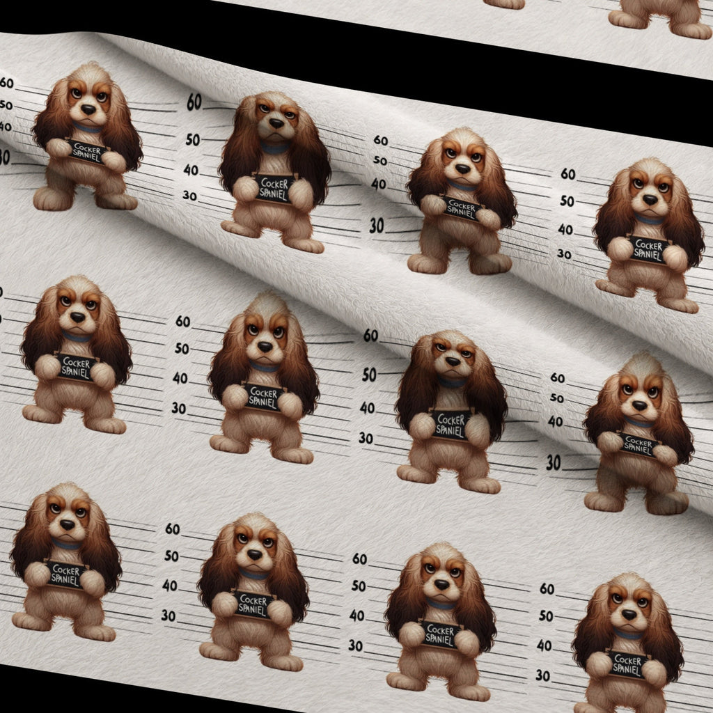 Doggie Mugshots Cocker Spaniel Pattern Fleece Fabric — fleece fabric folded close-up preview (mv-fleece-v1:lying)