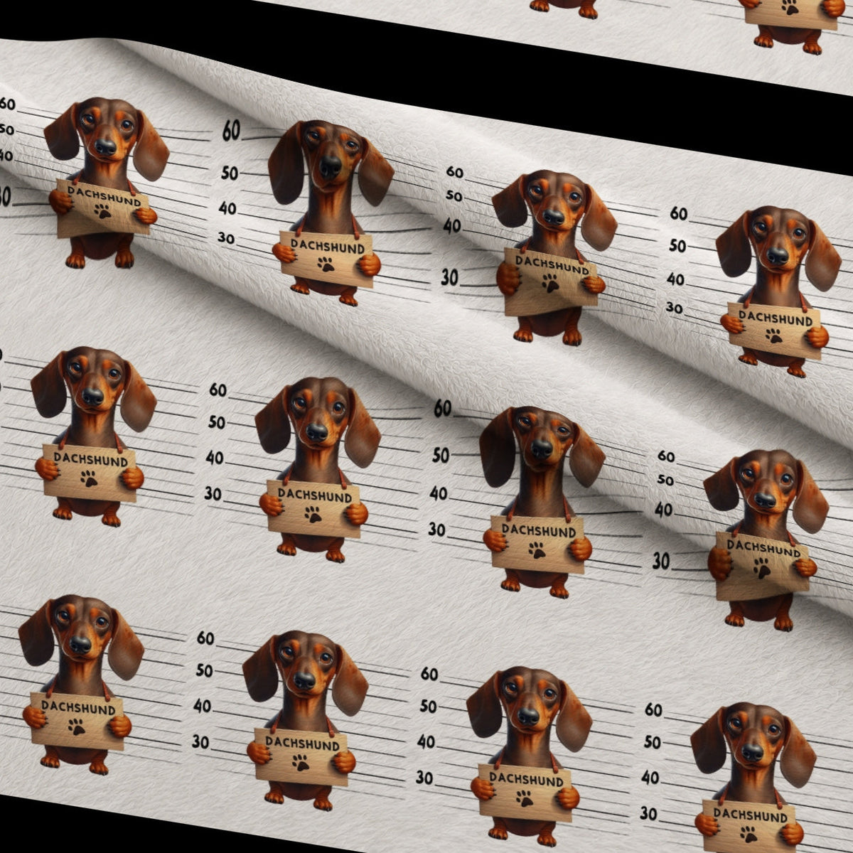 Doggie Mugshots Dachshund Pattern Fleece Fabric — fleece fabric folded close-up preview (mv-fleece-v1:lying)