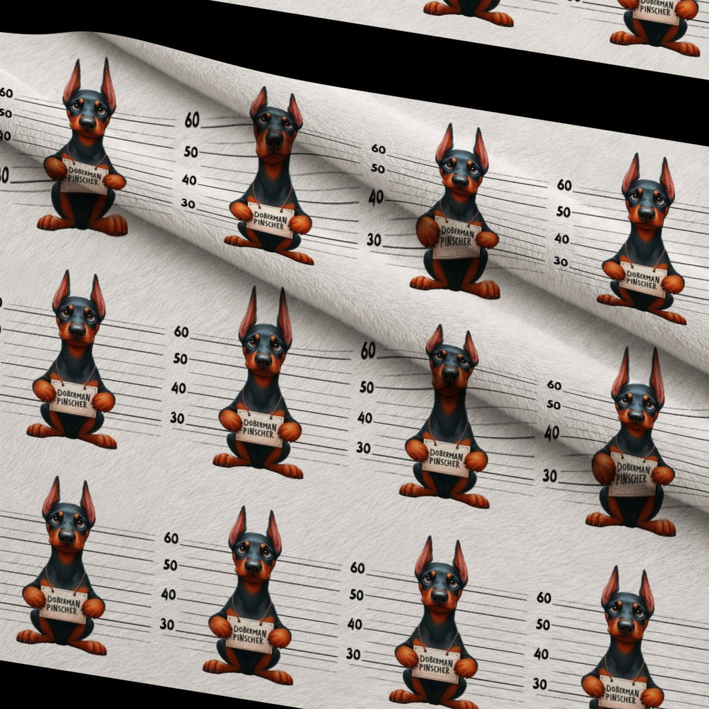 Doggie Mugshots Doberman Pinscher Pattern Fleece Fabric — fleece fabric folded close-up preview (mv-fleece-v1:lying)