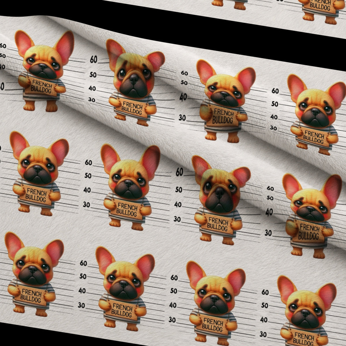 Doggie Mugshots French Bulldog Pattern Fleece Fabric — fleece fabric folded close-up preview (mv-fleece-v1:lying)