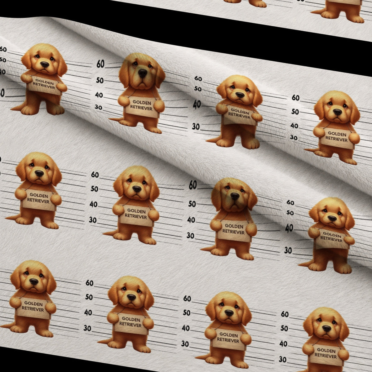 Doggie Mugshots Golden Retriever Pattern Fleece Fabric — fleece fabric folded close-up preview (mv-fleece-v1:lying)