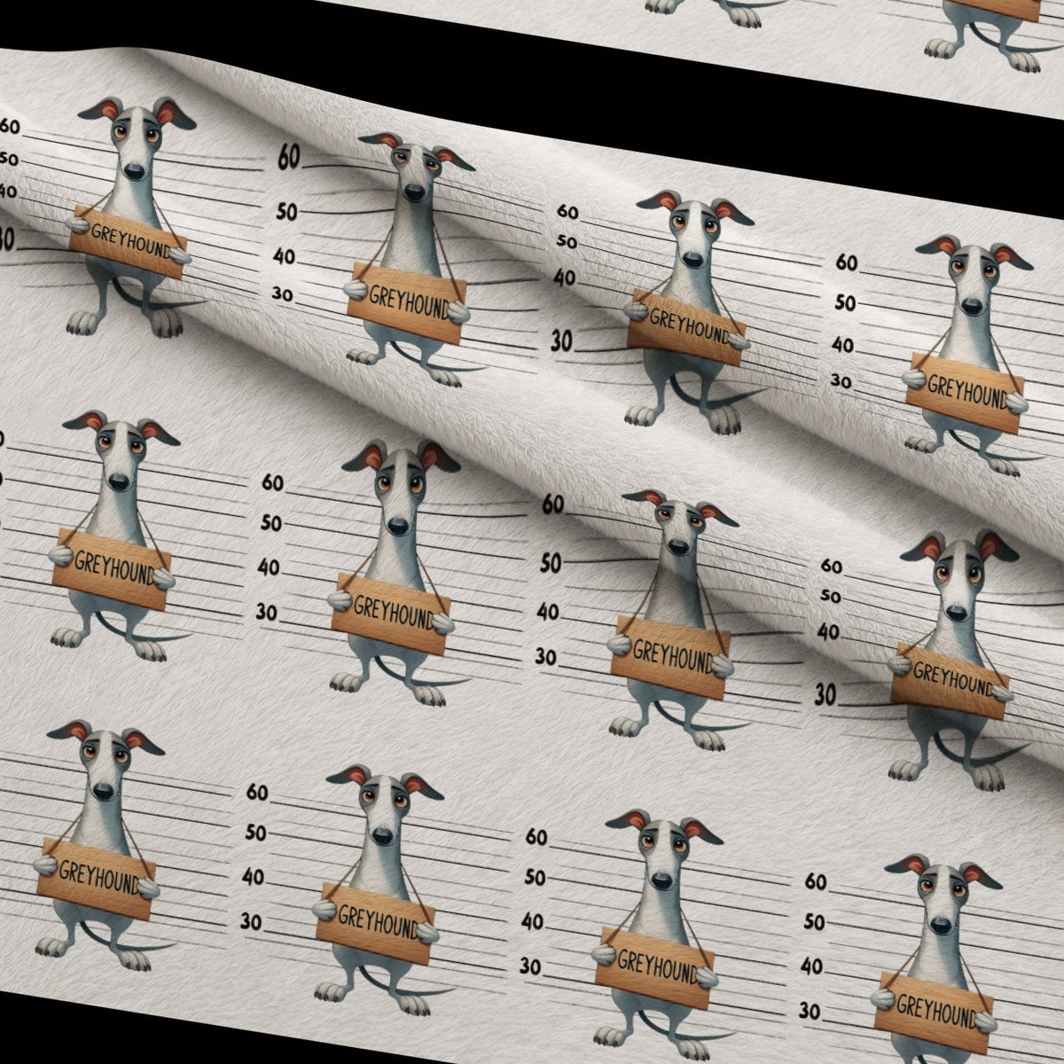 Doggie Mugshots Greyhound Pattern Fleece Fabric — fleece fabric folded close-up preview (mv-fleece-v1:lying)
