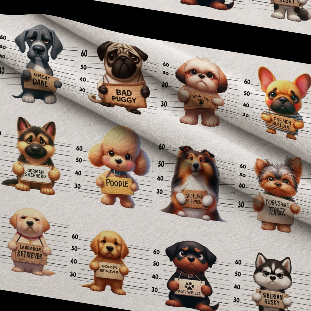 Doggie Mugshots Pattern 2 Fleece Fabric — fleece fabric folded close-up preview (mv-fleece-v1:lying)