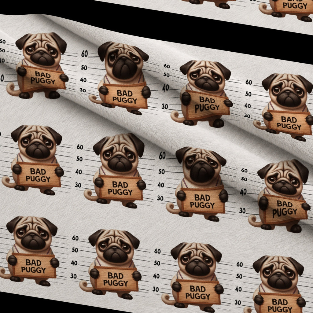 Doggie Mugshots Pug Pattern Fleece Fabric — fleece fabric folded close-up preview (mv-fleece-v1:lying)