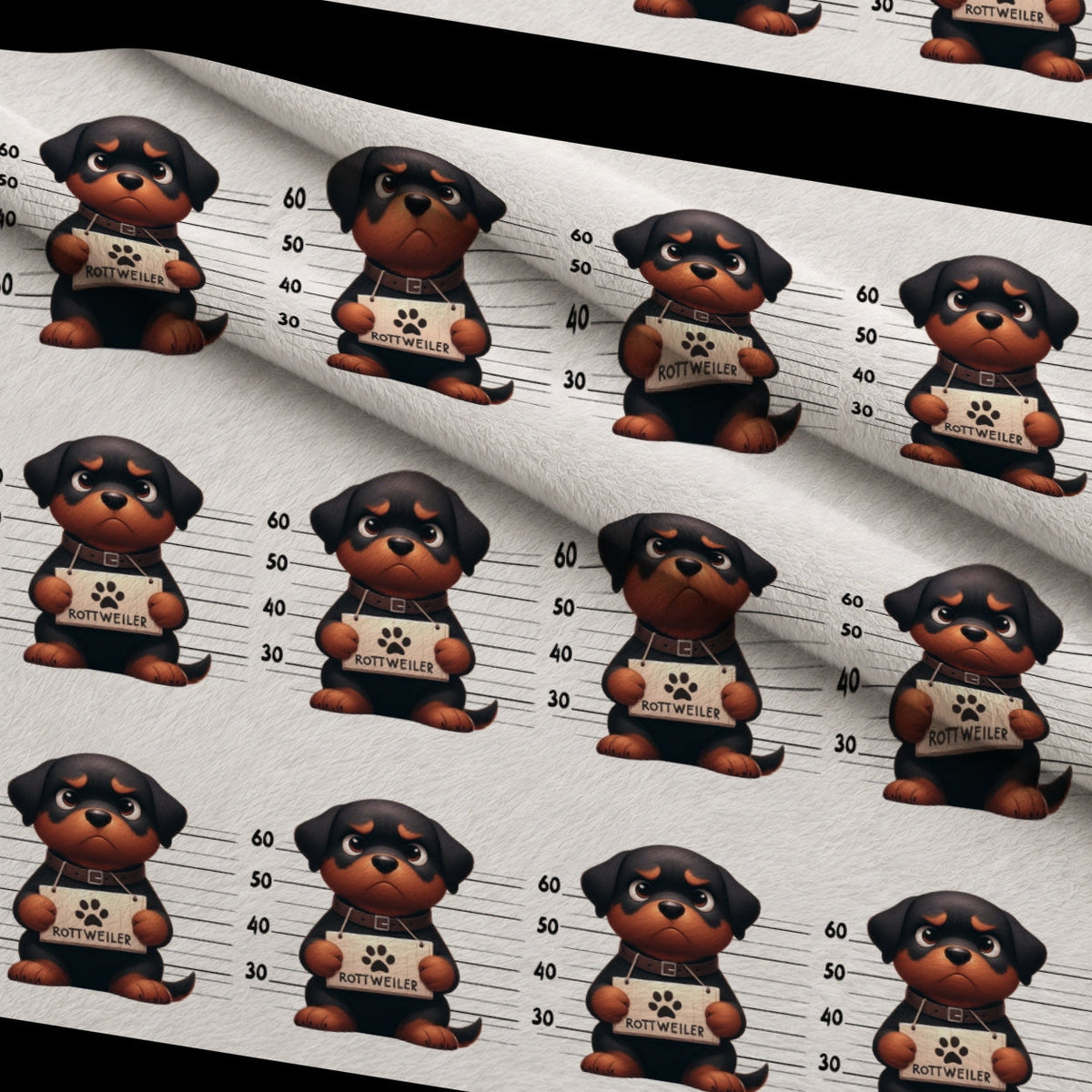 Doggie Mugshots Rottweiler Pattern Fleece Fabric — fleece fabric folded close-up preview (mv-fleece-v1:lying)