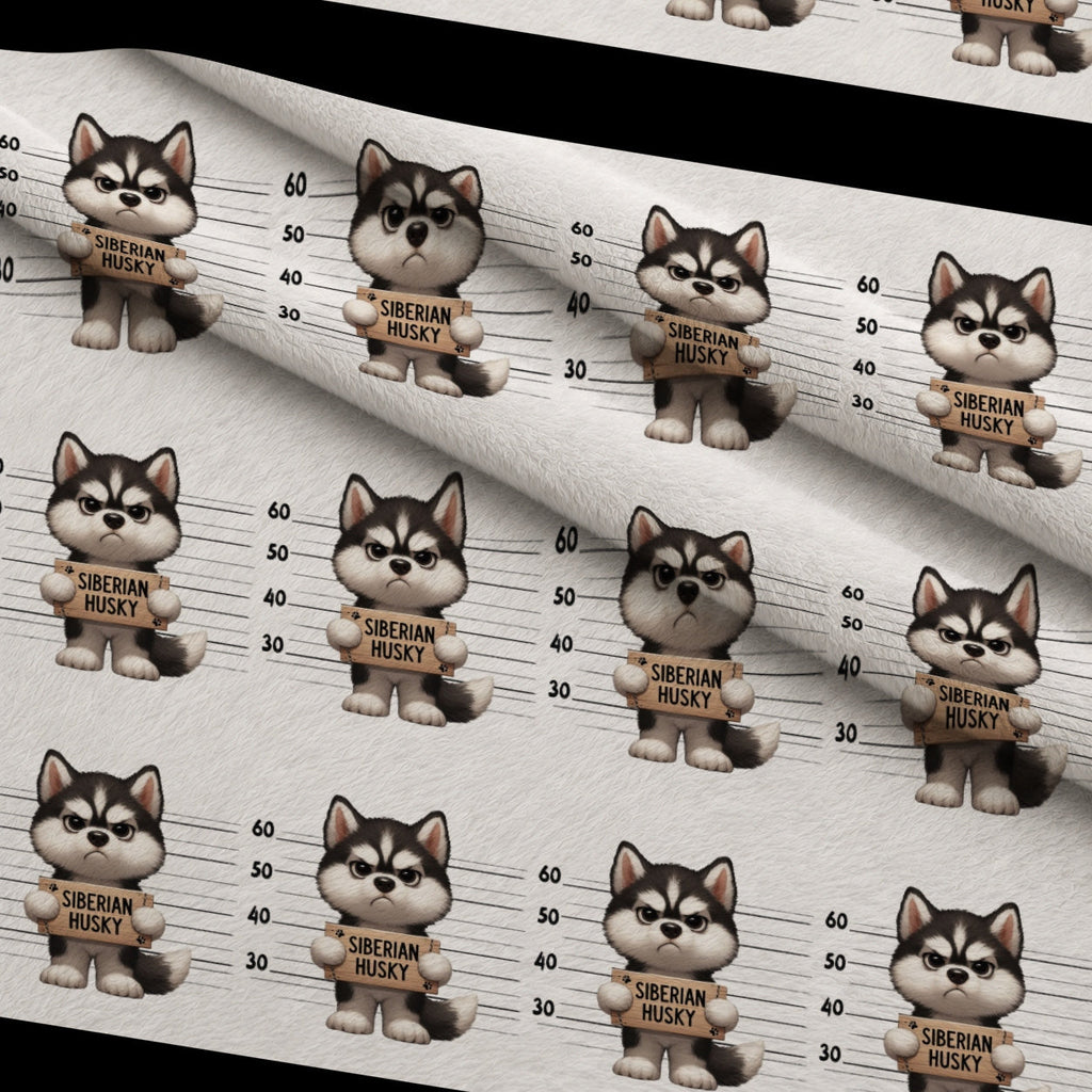 Doggie Mugshots Siberian Husky Pattern Fleece Fabric — fleece fabric folded close-up preview (mv-fleece-v1:lying)