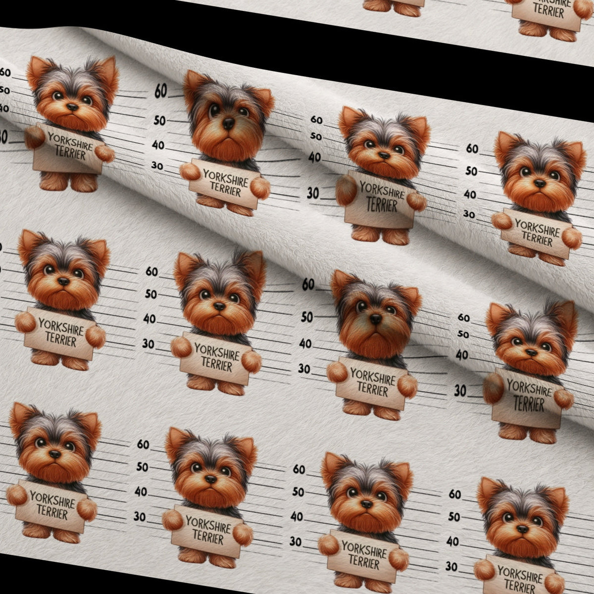 Doggie Mugshots Yorkshire Terrier Pattern Fleece Fabric — fleece fabric folded close-up preview (mv-fleece-v1:lying)