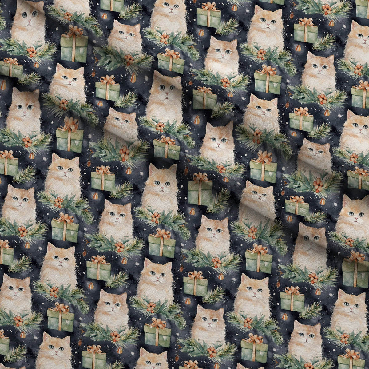 Festive Felines Pattern 11 Fleece Fabric — fleece fabric folded close-up preview (mv-fleece-v1:lying)