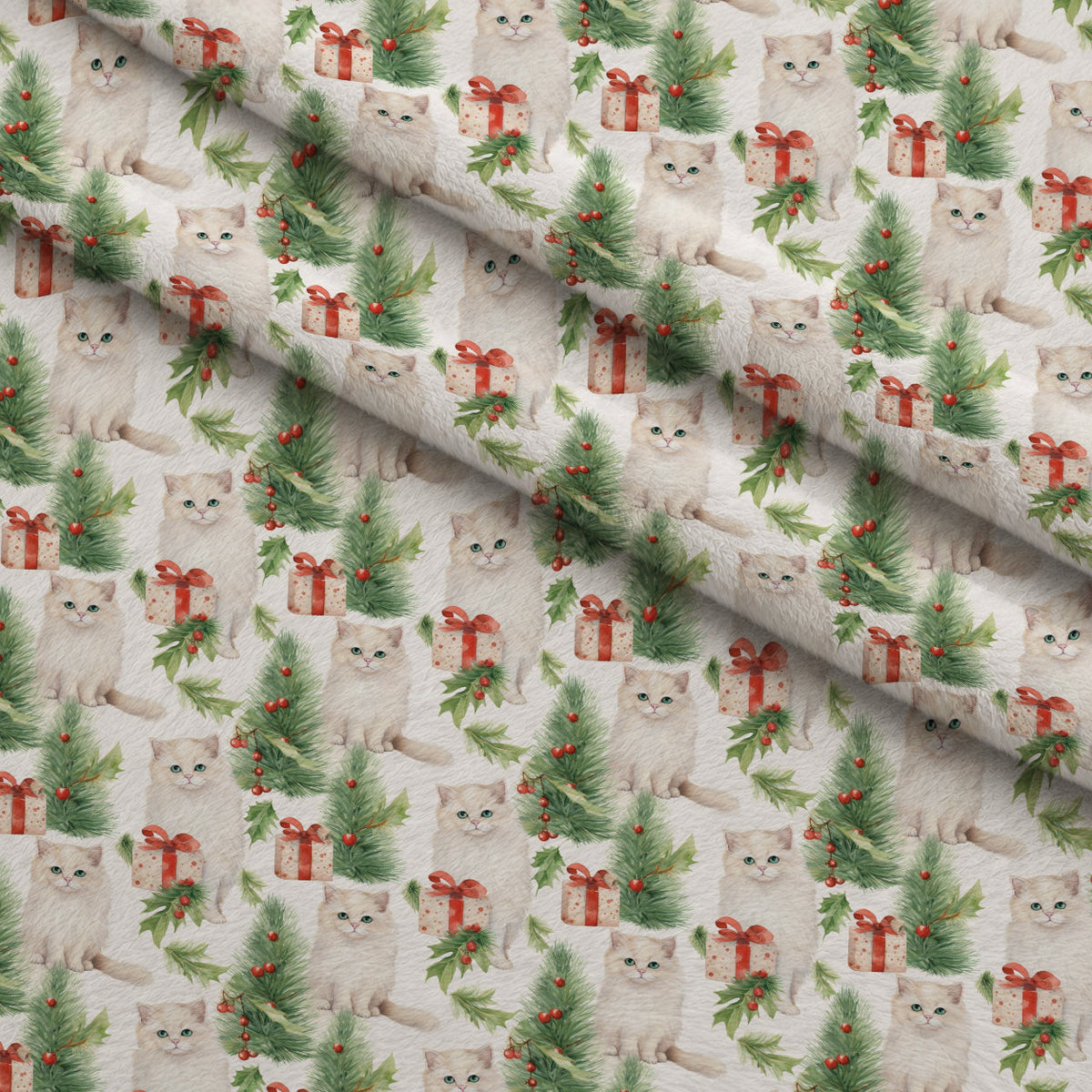Festive Felines Pattern 4 Fleece Fabric — fleece fabric folded close-up preview (mv-fleece-v1:lying)