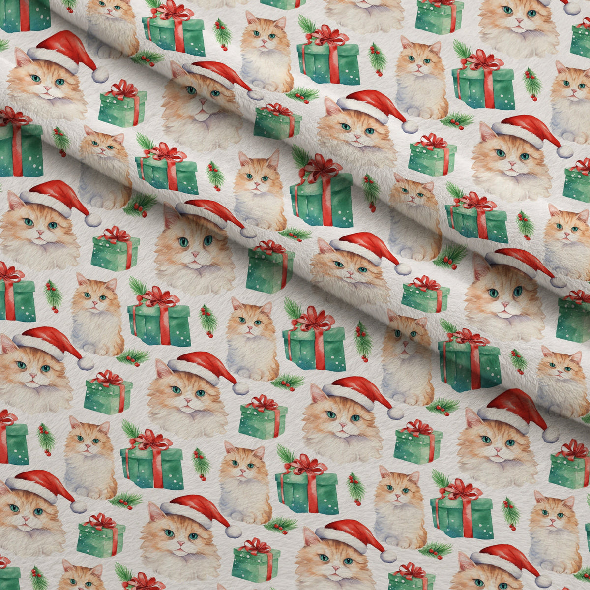 Festive Felines Pattern 5 Fleece Fabric — fleece fabric folded close-up preview (mv-fleece-v1:lying)