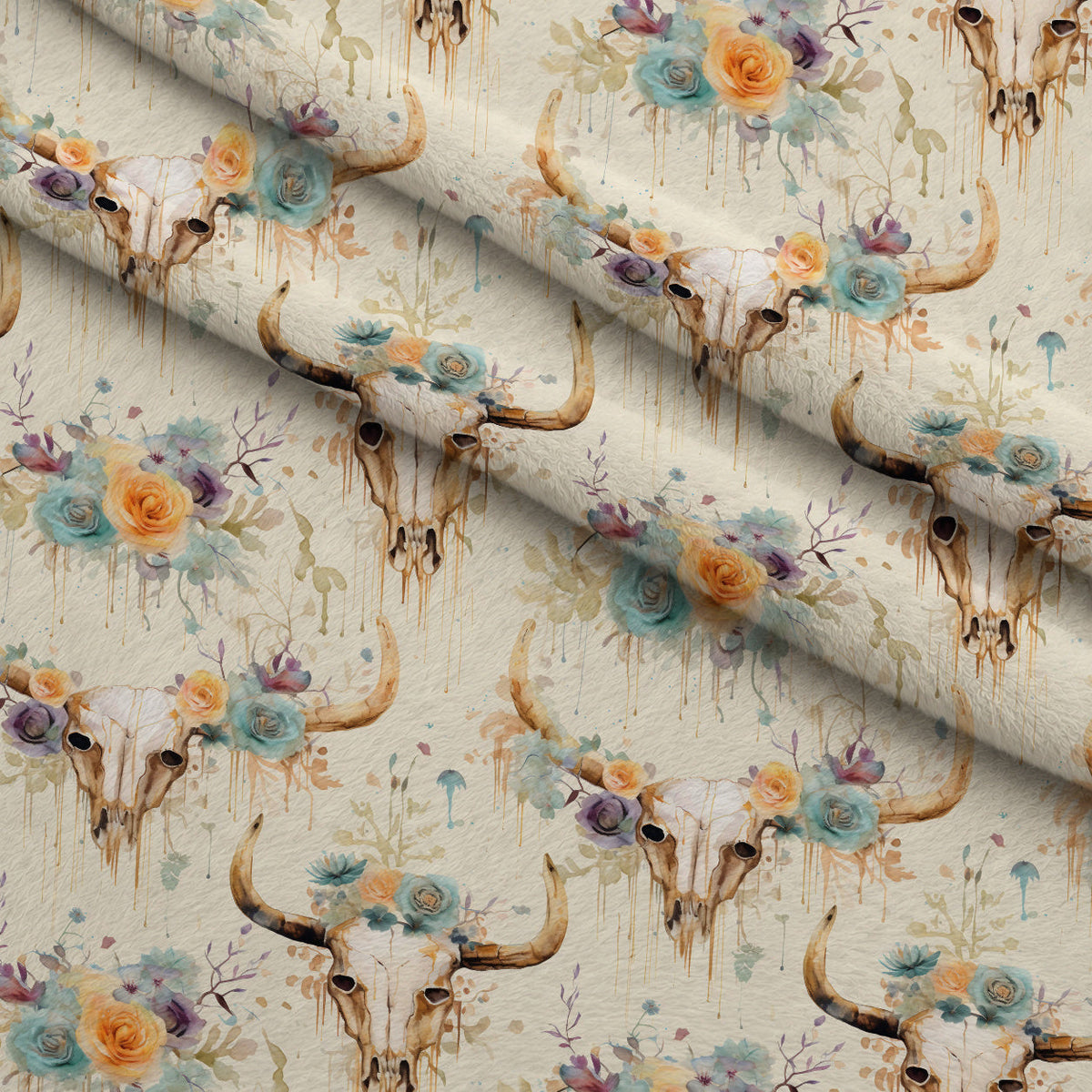 Floral Longhorn Pattern 1 Fleece Fabric — fleece fabric folded close-up preview (mv-fleece-v1:lying)