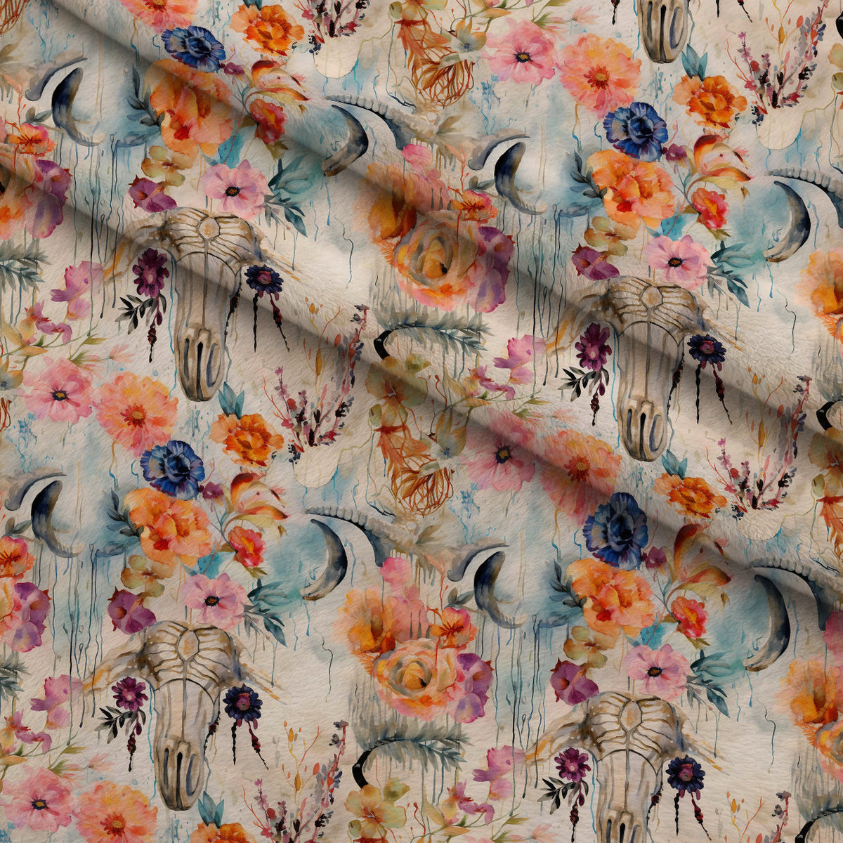 Floral Longhorn Pattern 10 Fleece Fabric — fleece fabric folded close-up preview (mv-fleece-v1:lying)