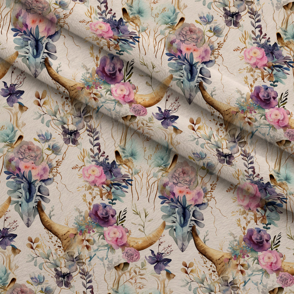 Floral Longhorn Pattern 11 Fleece Fabric — fleece fabric folded close-up preview (mv-fleece-v1:lying)