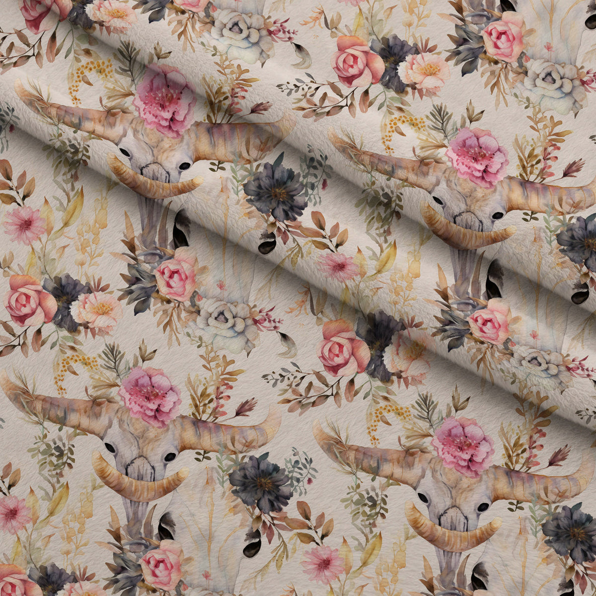 Floral Longhorn Pattern 12 Fleece Fabric — fleece fabric folded close-up preview (mv-fleece-v1:lying)