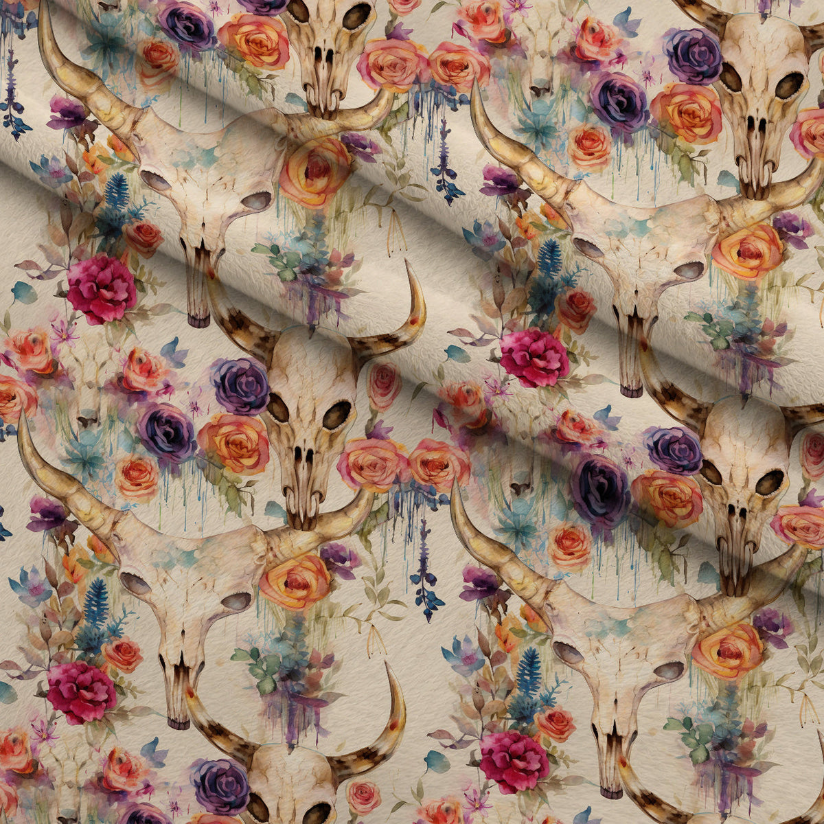 Floral Longhorn Pattern 14 Fleece Fabric — fleece fabric folded close-up preview (mv-fleece-v1:lying)
