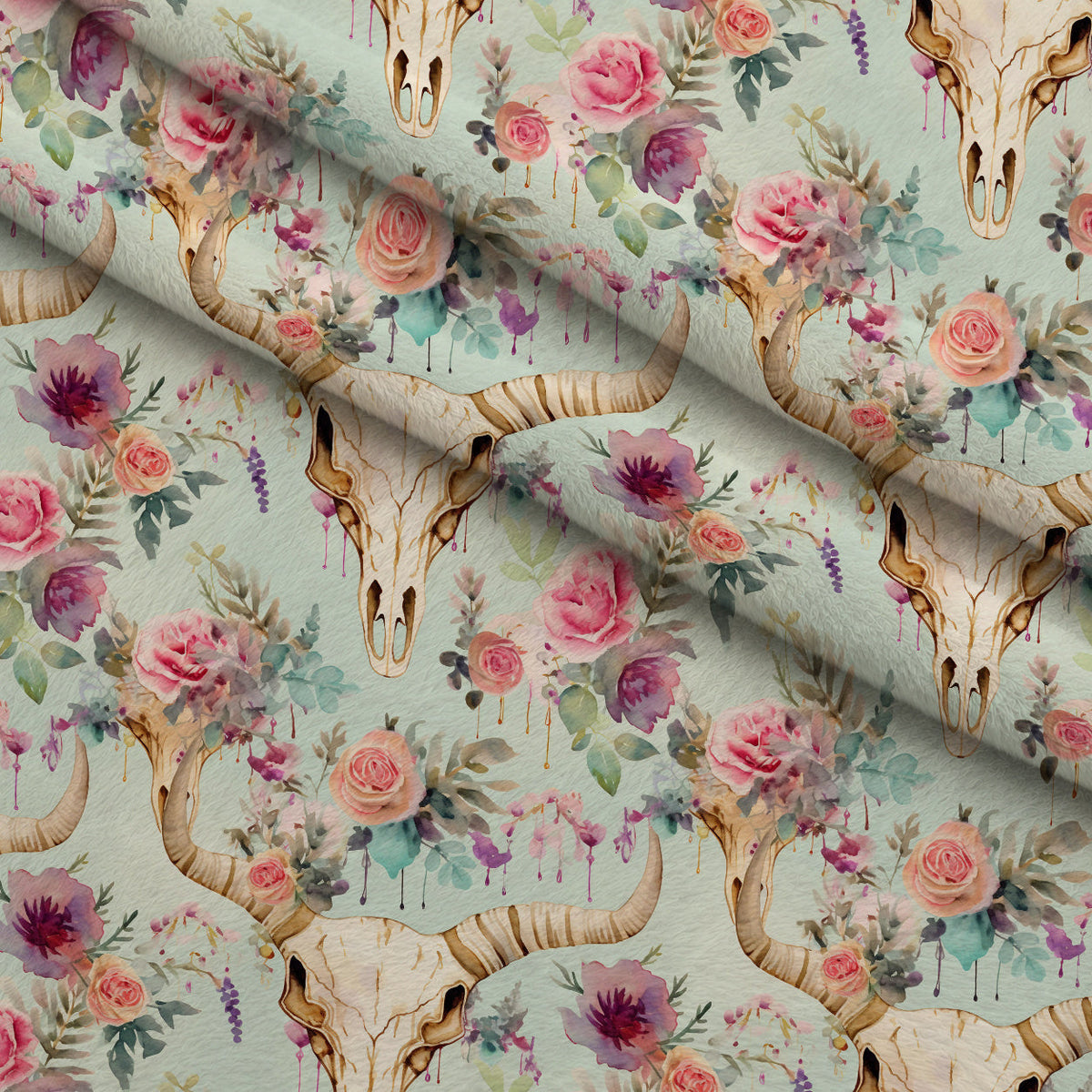 Floral Longhorn Pattern 15 Fleece Fabric — fleece fabric folded close-up preview (mv-fleece-v1:lying)