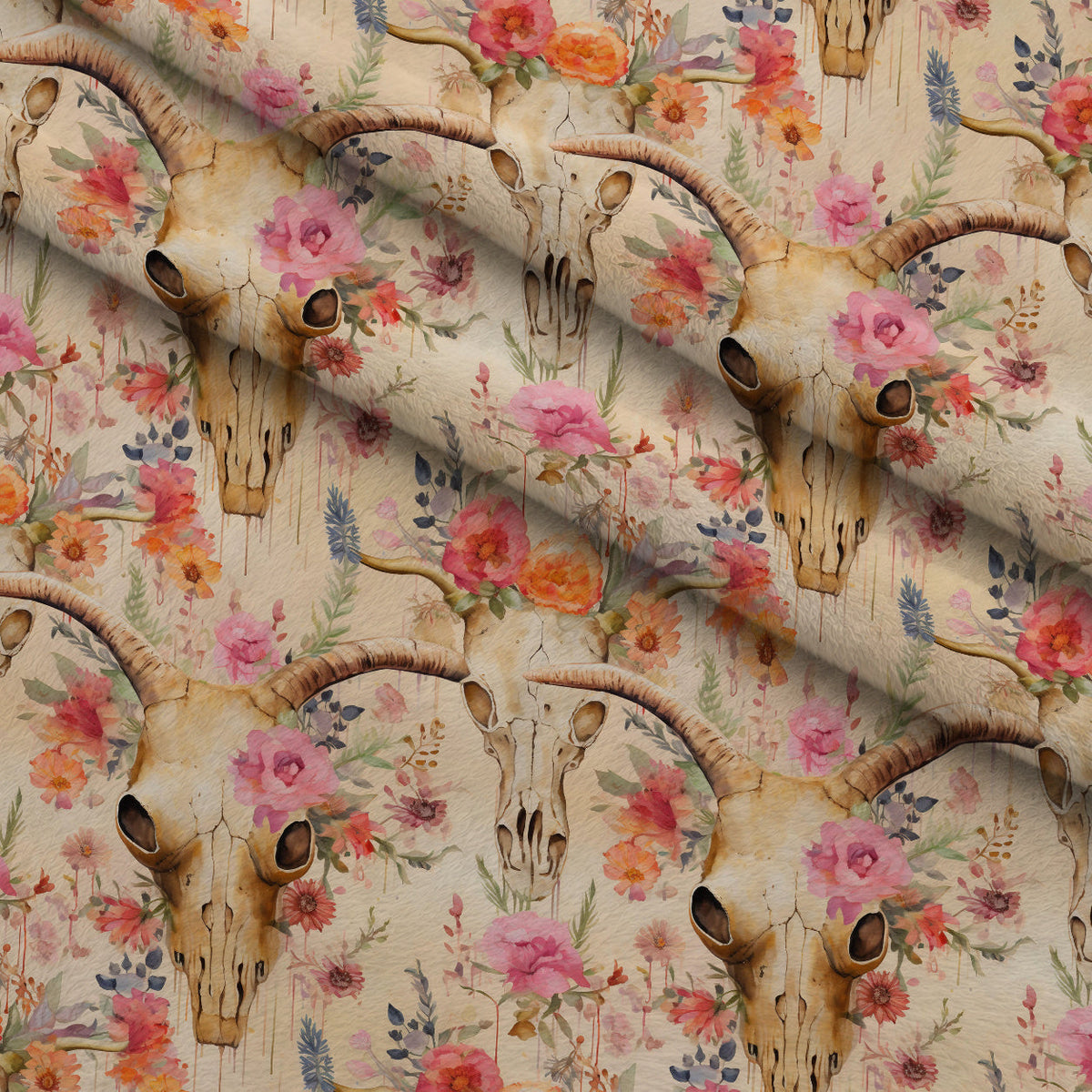 Floral Longhorn Pattern 16 Fleece Fabric — fleece fabric folded close-up preview (mv-fleece-v1:lying)