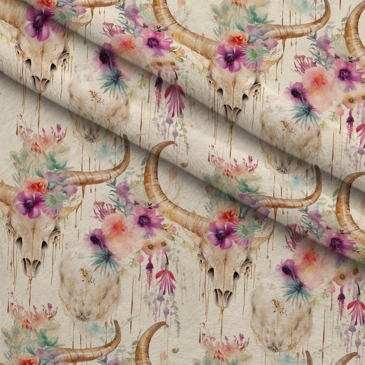 Floral Longhorn Pattern 18 Fleece Fabric — fleece fabric folded close-up preview (mv-fleece-v1:lying)