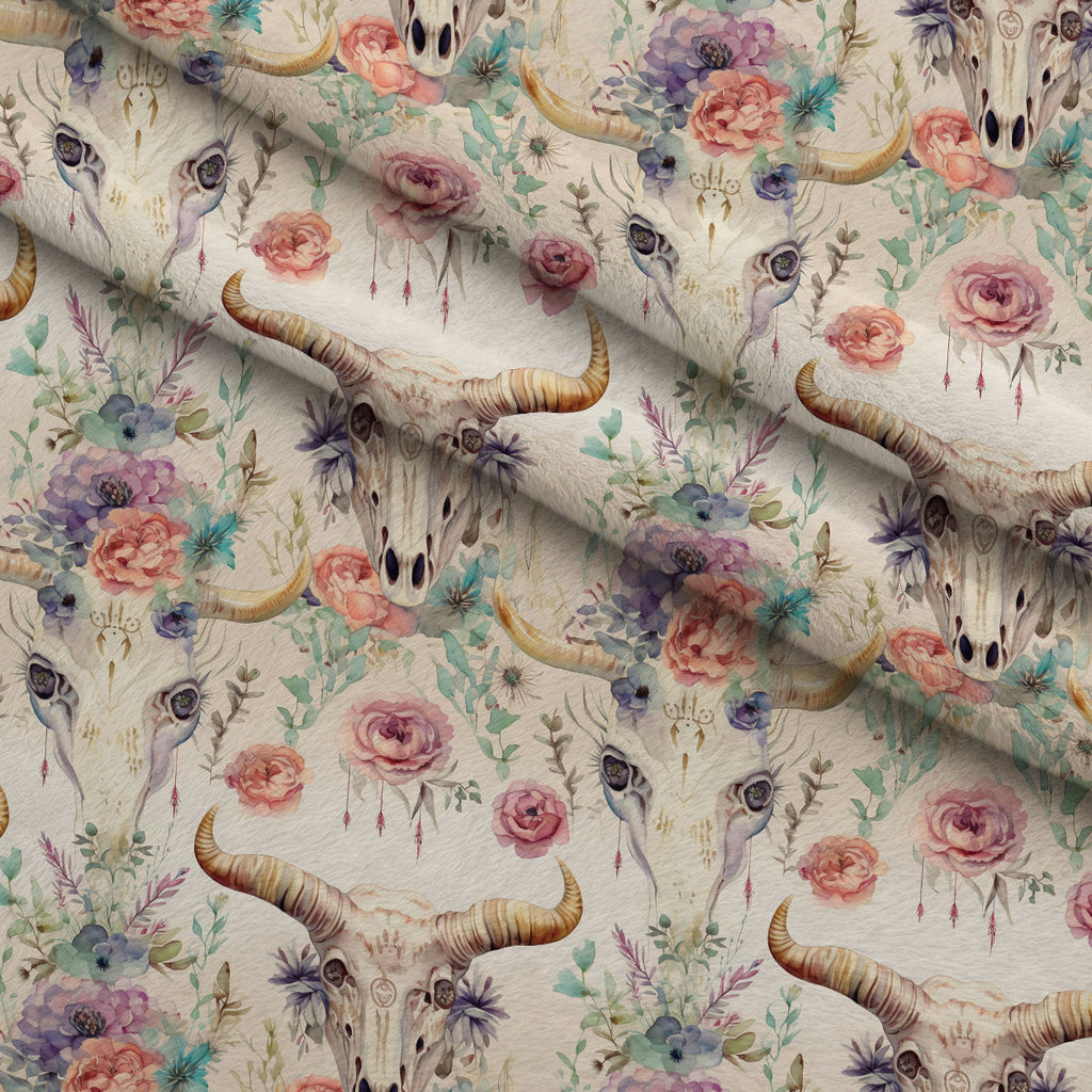 Floral Longhorn Pattern 19 Fleece Fabric — fleece fabric folded close-up preview (mv-fleece-v1:lying)
