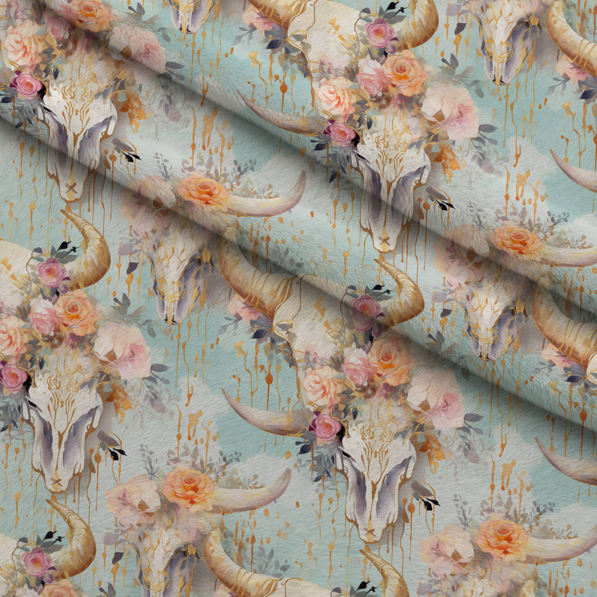 Floral Longhorn Pattern 2 Fleece Fabric — fleece fabric folded close-up preview (mv-fleece-v1:lying)