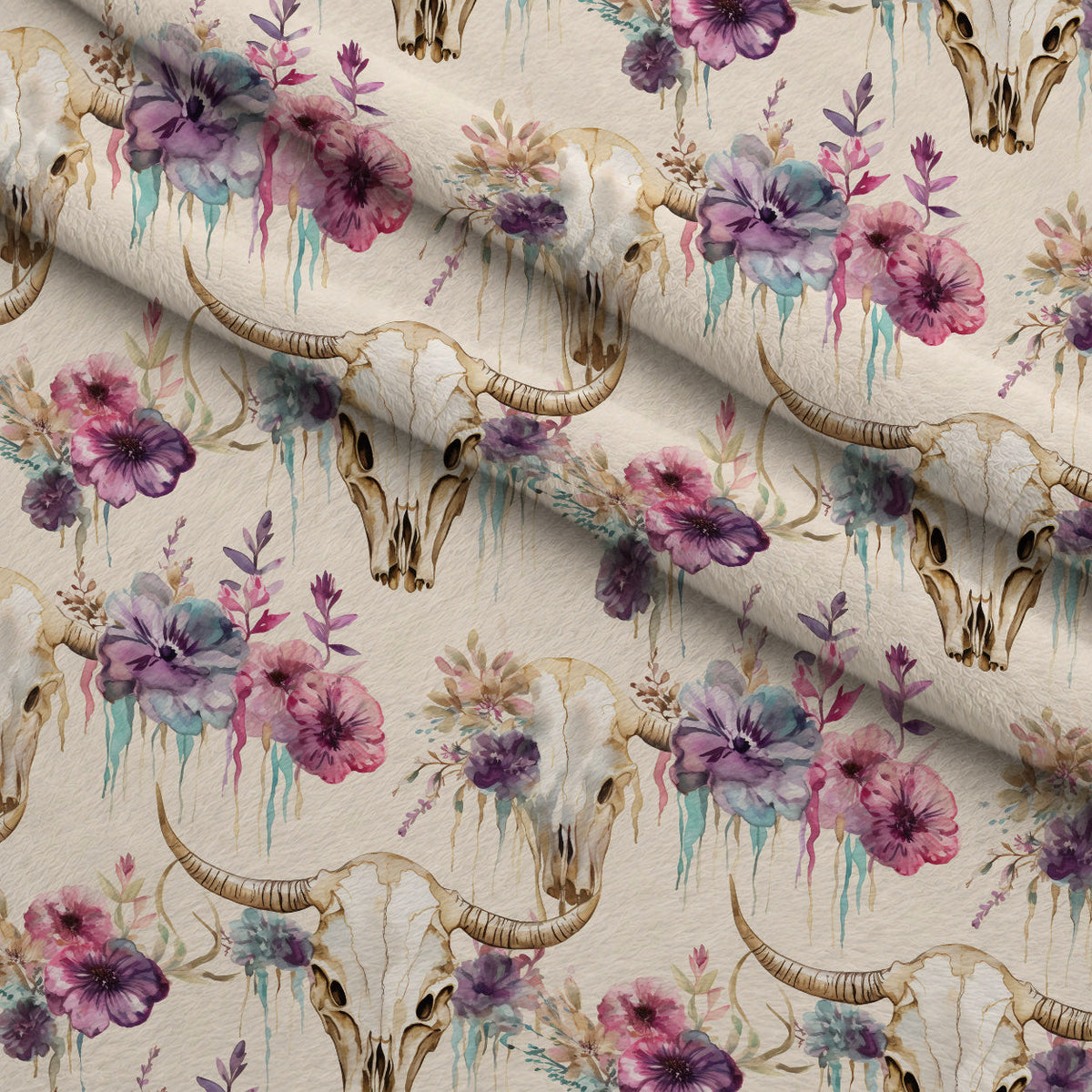 Floral Longhorn Pattern 20 Fleece Fabric — fleece fabric folded close-up preview (mv-fleece-v1:lying)