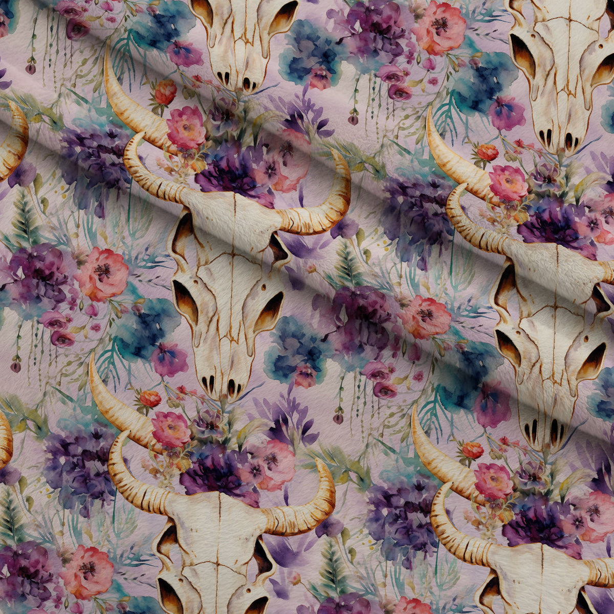 Floral Longhorn Pattern 3 Fleece Fabric — fleece fabric folded close-up preview (mv-fleece-v1:lying)
