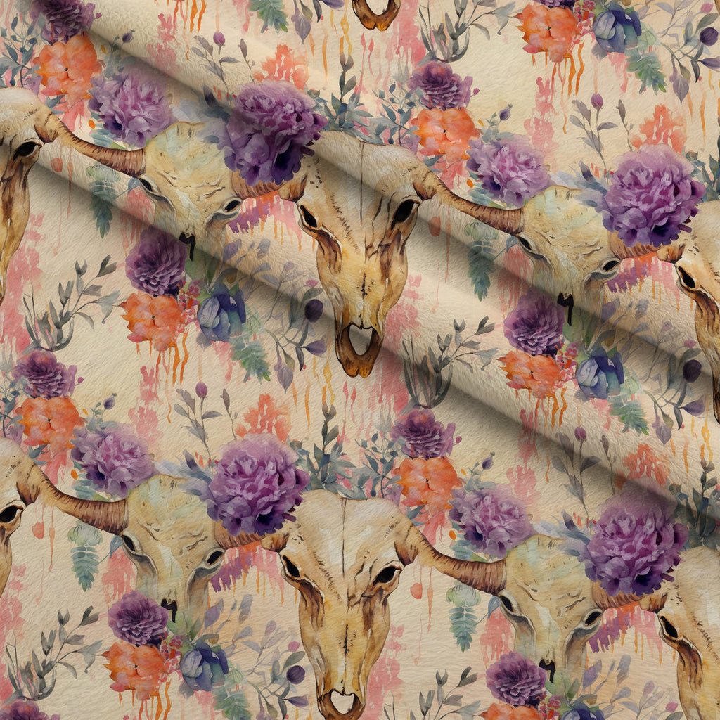Floral Longhorn Pattern 4 Fleece Fabric — fleece fabric folded close-up preview (mv-fleece-v1:lying)