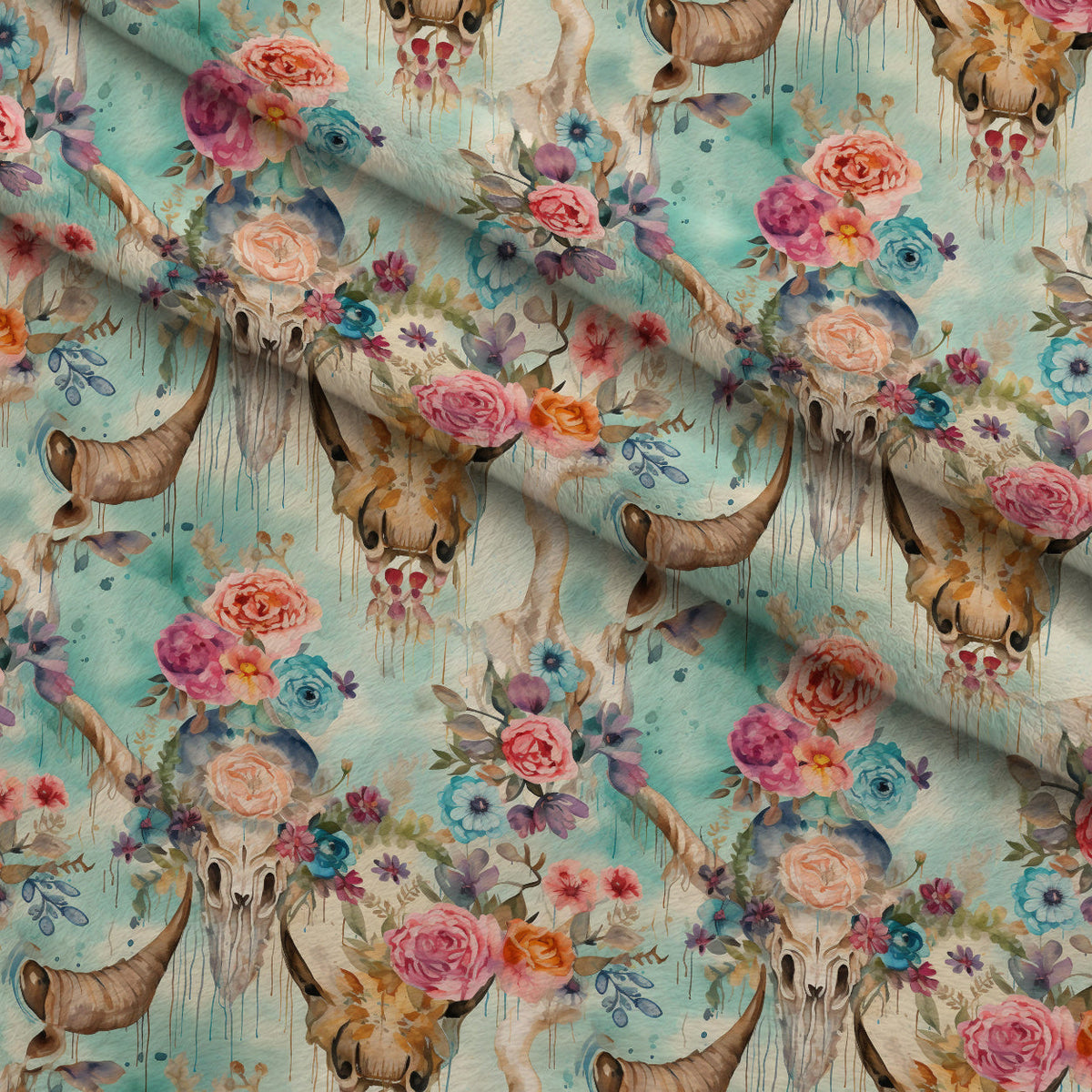 Floral Longhorn Pattern 5 Fleece Fabric — fleece fabric folded close-up preview (mv-fleece-v1:lying)