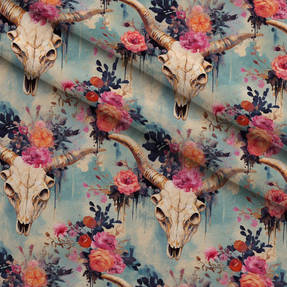Floral Longhorn Pattern 6 Fleece Fabric — fleece fabric folded close-up preview (mv-fleece-v1:lying)