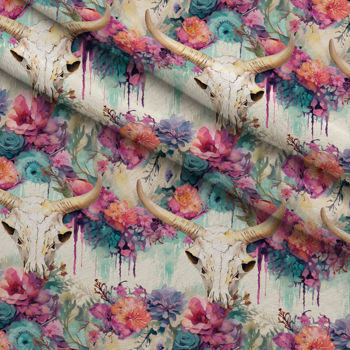 Floral Longhorn Pattern 7 Fleece Fabric — fleece fabric folded close-up preview (mv-fleece-v1:lying)