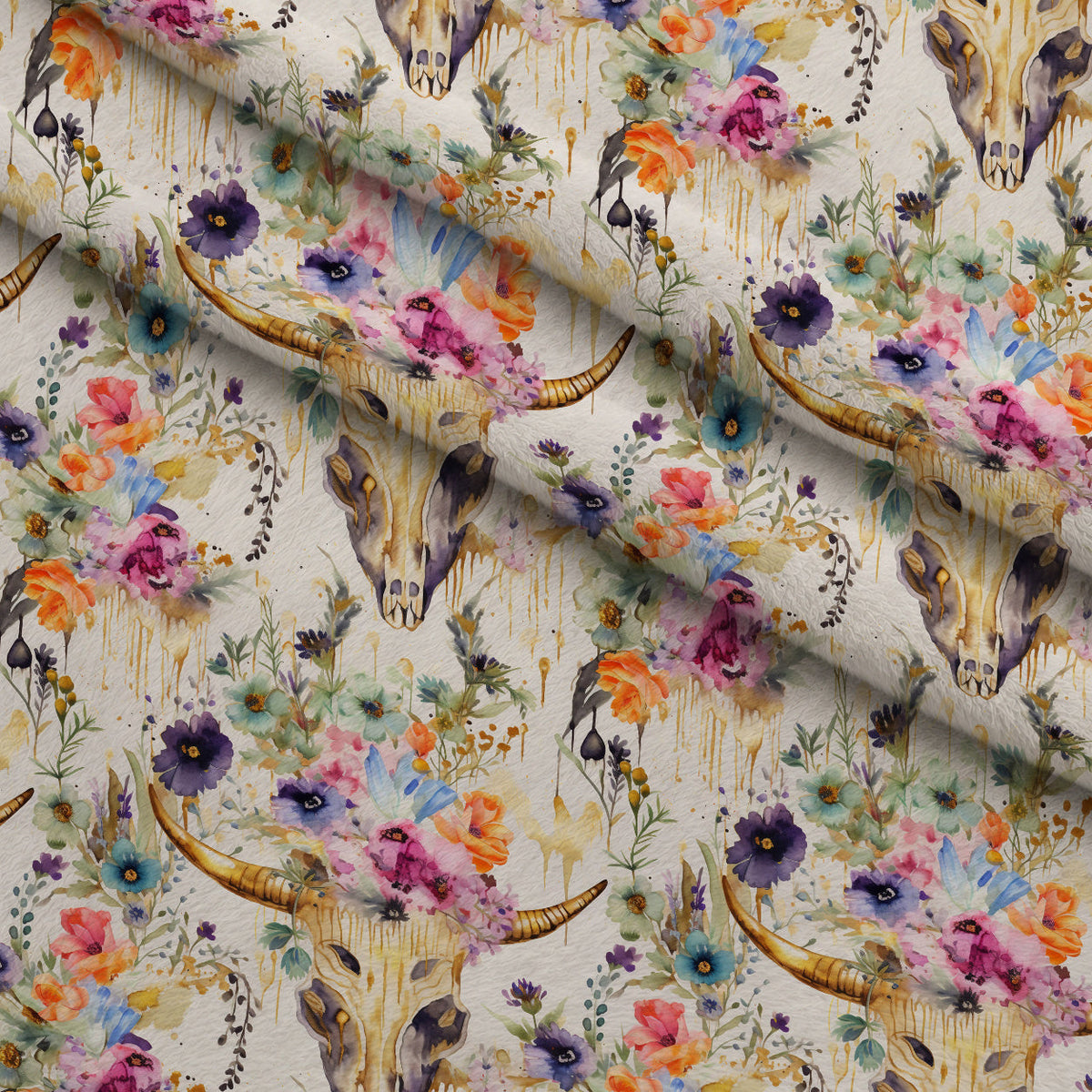 Floral Longhorn Pattern 8 Fleece Fabric — fleece fabric folded close-up preview (mv-fleece-v1:lying)