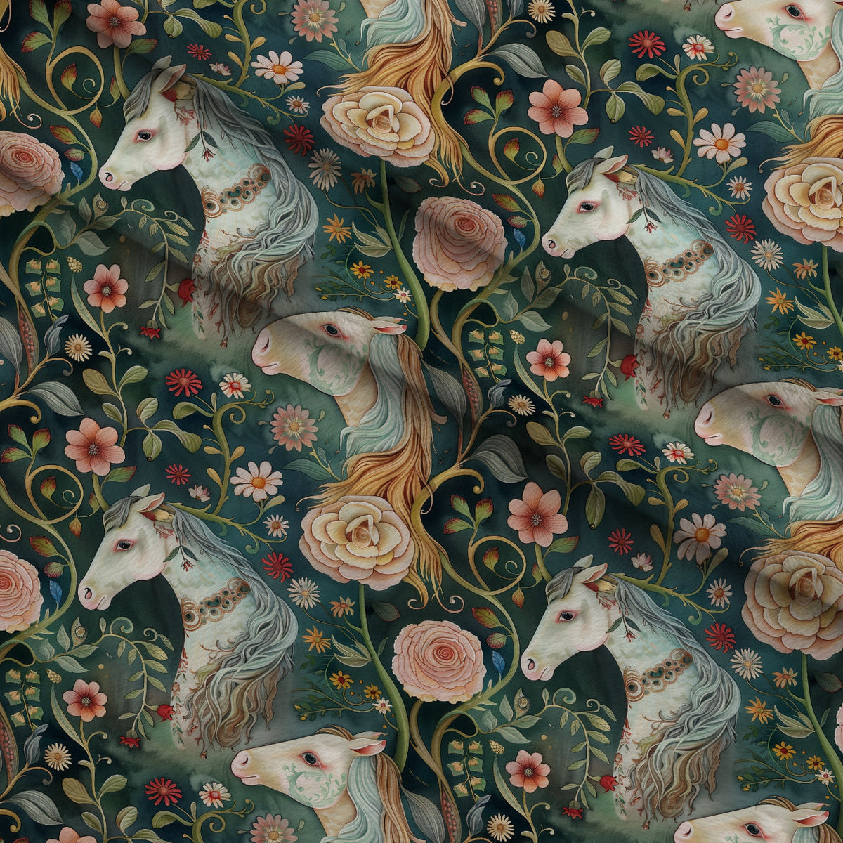 Flowers and Horses Fleece Fabric — fleece fabric folded close-up preview (mv-fleece-v1:lying)